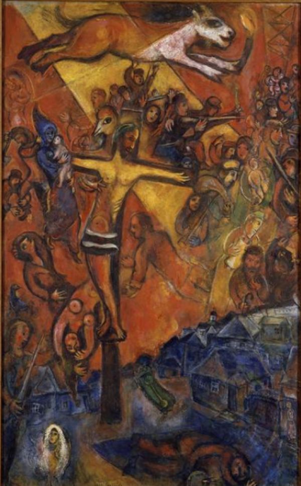 Óleo expresionista de Marc Chagall con un Cristo crucificado rodeado de figuras simbólicas, en tonos rojos y naranjas intensos.