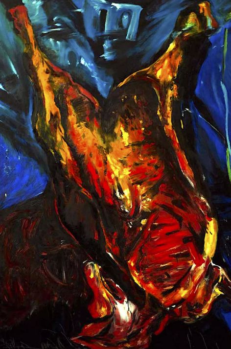 Pintura expresionista de un gran trozo de carne colgado, obra de Chaim Soutine, con tonos rojos intensos y trazos turbulentos.