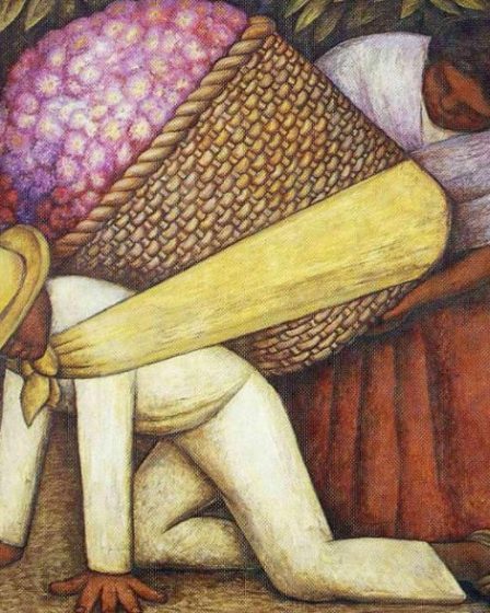 Hombre arrodillado carga una canasta de flores ayudado por una mujer, en una escena vibrante de Diego Rivera.