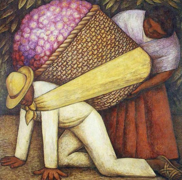 Hombre arrodillado carga una canasta de flores ayudado por una mujer, en una escena vibrante de Diego Rivera.