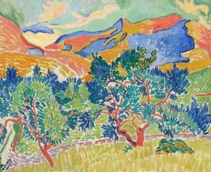 Pintura fauvista de André Derain titulada “Montañas en la Colliure”, con montañas de colores intensos y pinceladas expresivas que destacan el uso del color sobre la forma.
