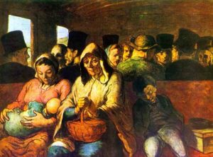 Obra de Honoré Daumier que muestra a pasajeros de clase baja en un vagón abarrotado; una mujer amamanta a un bebé, otra sostiene una canasta y un niño duerme en su brazo.