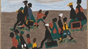 Obra de Jacob Lawrence mostrando personas afroamericanas pintando en un hospital psiquiátrico; composición colorida con figuras geométricas.