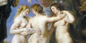 Óleo barroco de Pedro Pablo Rubens titulado “Las tres gracias”, con tres figuras femeninas desnudas entrelazadas en un entorno natural, representando a las hijas de Zeus.