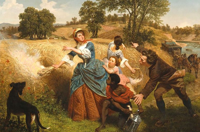 Óleo de Emanuel Leutze que muestra a una mujer del siglo XIX quemando su campo de trigo junto a su familia para impedir que lo tomen los británicos.