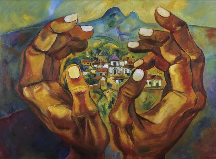 Retrato expresionista de campesinos con manos prominentes, obra de Eduardo Kingman, artista ecuatoriano reconocido por su enfoque social e indígena.