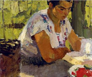 Detalle de la obra “Leer en verano” de Nicolai Pozdneev: una mujer sentada al aire libre, rodeada de abundante vegetación veraniega, con la cabeza apoyada en el codo mientras lee un libro, bajo una luz cálida que realza la frescura del verano.