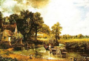 Óleo de John Constable con una carreta cruzando un río rodeado de árboles, plantas y cielo nublado.