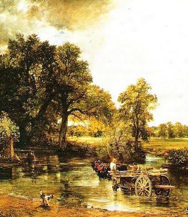 Óleo de John Constable con una carreta cruzando un río rodeado de árboles, plantas y cielo nublado.