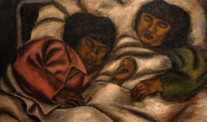 Dos niñas pequeñas duermen abrazadas en una cama con sábanas blancas, pintadas en un estilo primitivista con colores intensos por Maria Izquierdo.