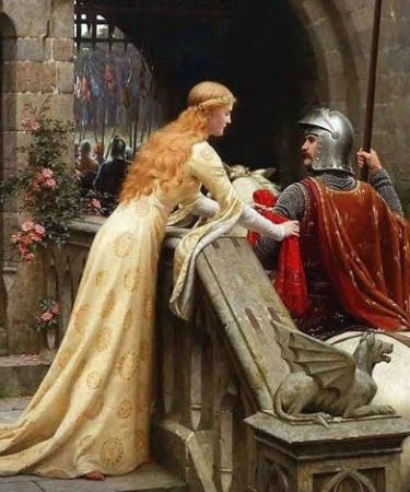 Una joven doncella ata una cinta roja en el brazo de un caballero medieval montado a caballo, en una escena romántica y detallada de despedida antes de la guerra, pintada por Edmund Blair Leighton.