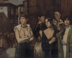 Grupo de mujeres en una calle sombría, con rostros marcados por el cansancio y la miseria, en una pintura expresionista y lúgubre de José Gutiérrez Solana.