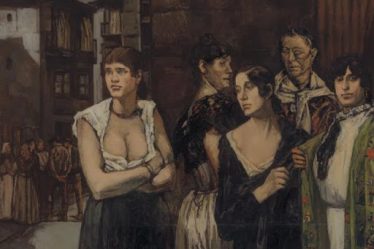 Grupo de mujeres en una calle sombría, con rostros marcados por el cansancio y la miseria, en una pintura expresionista y lúgubre de José Gutiérrez Solana.