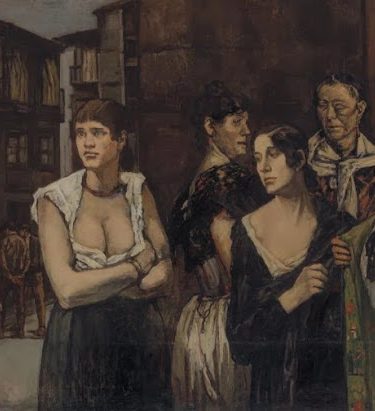 Grupo de mujeres en una calle sombría, con rostros marcados por el cansancio y la miseria, en una pintura expresionista y lúgubre de José Gutiérrez Solana.