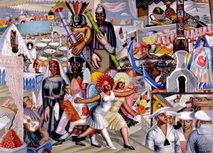 Escena festiva colorida con figuras y símbolos tradicionales reinterpretados por Maruja Mallo.