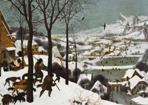 Pintura del siglo XVI de Pieter Brueghel con campesinos cazando en un paisaje nevado, árboles altos y una aldea al fondo.