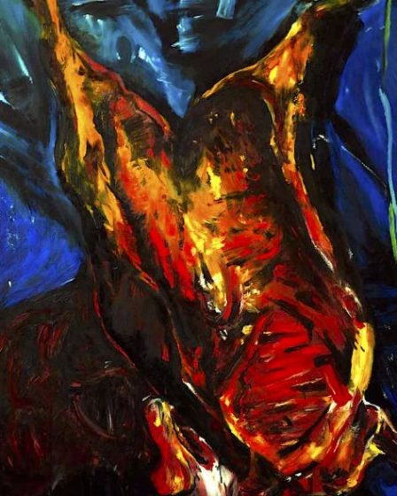Pintura expresionista de un gran trozo de carne colgado, obra de Chaim Soutine, con tonos rojos intensos y trazos turbulentos.