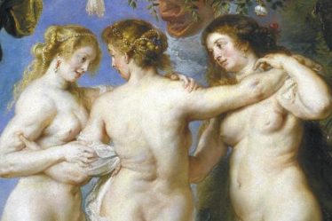Óleo barroco de Pedro Pablo Rubens titulado “Las tres gracias”, con tres figuras femeninas desnudas entrelazadas en un entorno natural, representando a las hijas de Zeus.