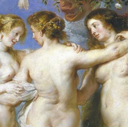 Óleo barroco de Pedro Pablo Rubens titulado “Las tres gracias”, con tres figuras femeninas desnudas entrelazadas en un entorno natural, representando a las hijas de Zeus.
