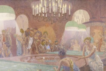 Pintura de una escena interior en un casino, con personas reunidas bajo lámparas colgantes, en un ambiente brumoso, presidido por el Sr. Ginner. Colores pastel y trazos de lápiz suaves dominan la composición.