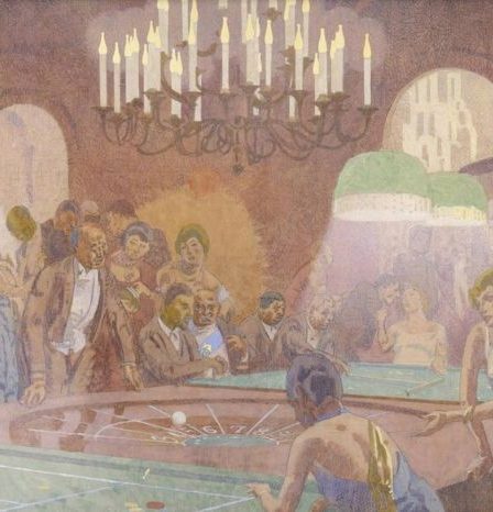 Pintura de una escena interior en un casino, con personas reunidas bajo lámparas colgantes, en un ambiente brumoso, presidido por el Sr. Ginner. Colores pastel y trazos de lápiz suaves dominan la composición.