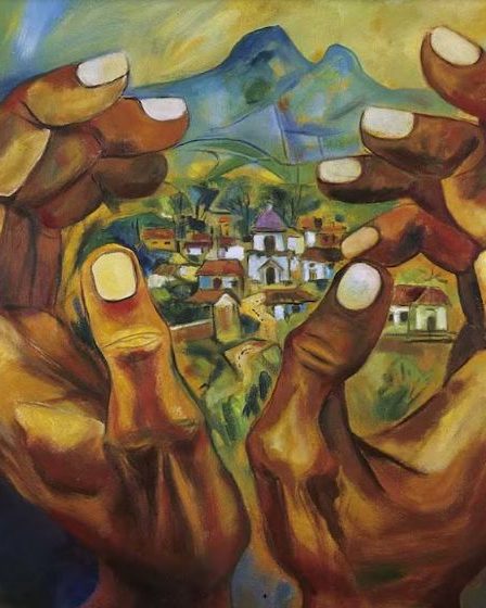 Retrato expresionista de campesinos con manos prominentes, obra de Eduardo Kingman, artista ecuatoriano reconocido por su enfoque social e indígena.