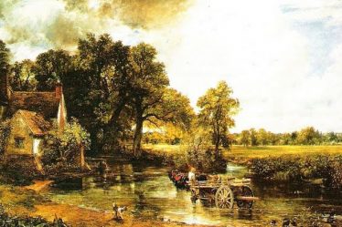 Óleo de John Constable con una carreta cruzando un río rodeado de árboles, plantas y cielo nublado.