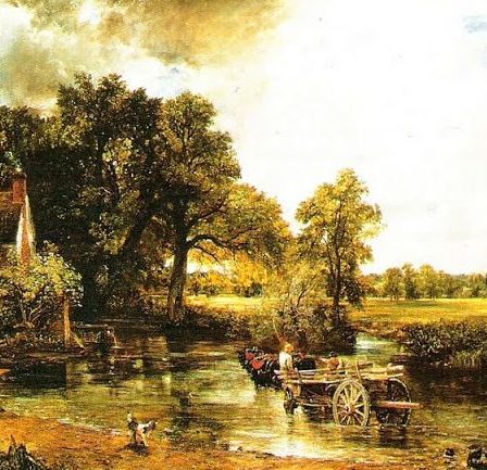Óleo de John Constable con una carreta cruzando un río rodeado de árboles, plantas y cielo nublado.