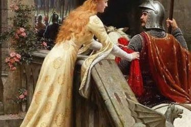 Una joven doncella ata una cinta roja en el brazo de un caballero medieval montado a caballo, en una escena romántica y detallada de despedida antes de la guerra, pintada por Edmund Blair Leighton.