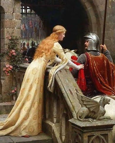 Una joven doncella ata una cinta roja en el brazo de un caballero medieval montado a caballo, en una escena romántica y detallada de despedida antes de la guerra, pintada por Edmund Blair Leighton.