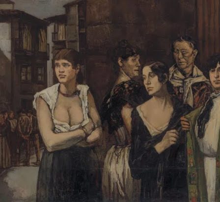 Grupo de mujeres en una calle sombría, con rostros marcados por el cansancio y la miseria, en una pintura expresionista y lúgubre de José Gutiérrez Solana.